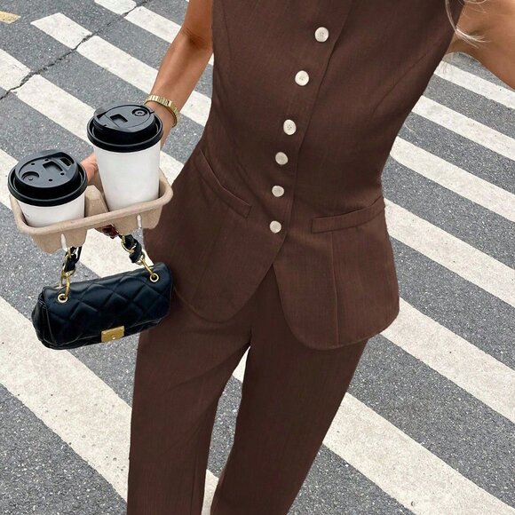 Brown Casual Women's Plain Front Button Sleeveless Top And Long Pants Set - Picture 8 of 8